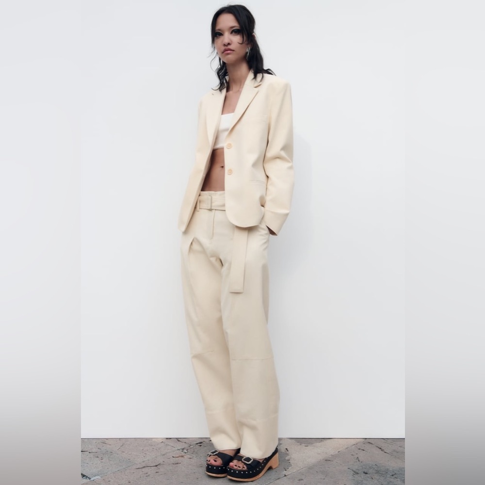 NWT Zara cream belted cotton pleated pants and matching jacket coord set large